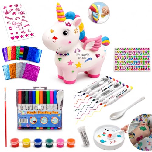 Image of PLUSPOINT DIY Unicorn Coin Bank Painting Kit for Kids Ages 5+ Paint Your Own Piggy Bank Craft Set with 6 Paints, 12 Magic Floating Pens, Metallic Foil Sheets, Stickers, Gems & Glitter, Creative Gift