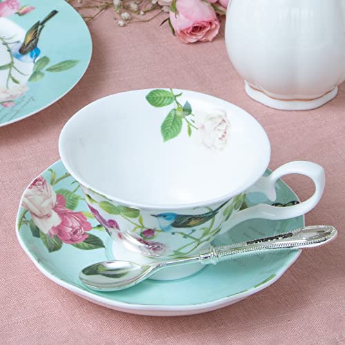 Gracie Bone China Blue Jay Rose Teacup And Saucer 8-Ounce (Set Of 4) #TOP1