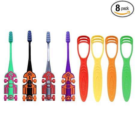 MAXI Oral Care Junior Pack of 8-(4 Kids) Zoom Car Junior Toothbrush & (4 TC) 1 Number Tongue Cleaner