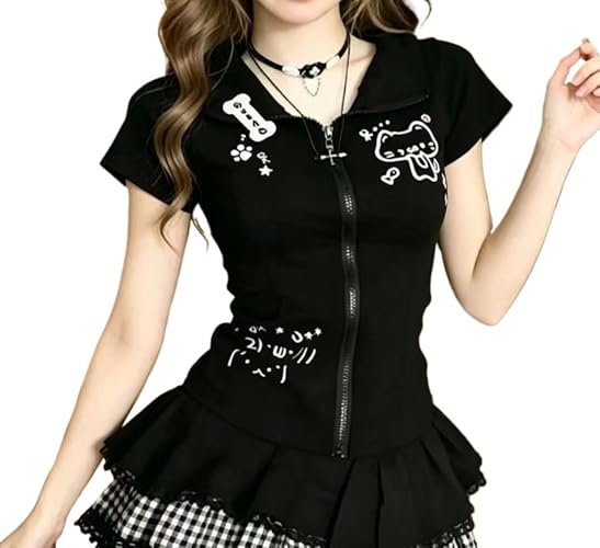 OATSBAS Women's Y2K Kawaii Short Sleeve Hoodies Full Zip Up Cute Cat Slim Fit Sweatshirt Harajuku T-Shirt - Large - Black