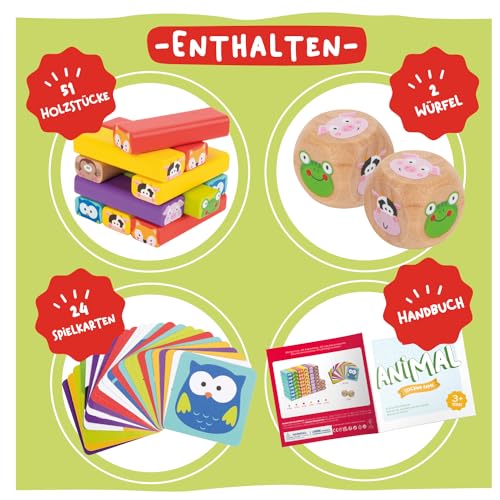 Nene Toys Pädagogisches Kinderspiel ab 3 Jahre - Wackelturm 4 in 1 aus Holz mit Farben und Tieren - Spielzeug für Mädchen und Jungs von 3 bis 9 Jahren - Stapelturm Holz Brettspiel