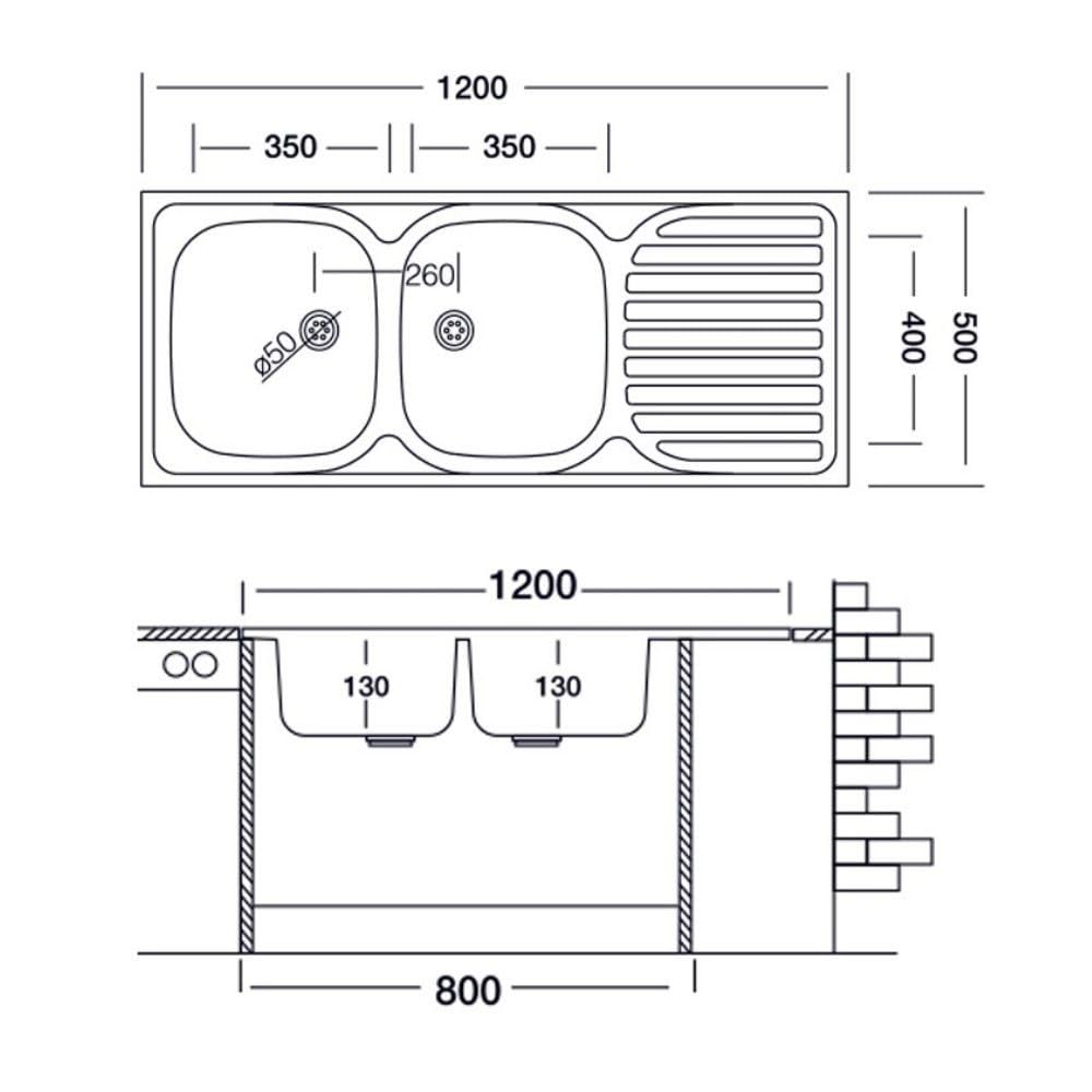 Lavello cucina due vasche con gocciolatoio sx acciaio da appoggio 50x120 cm