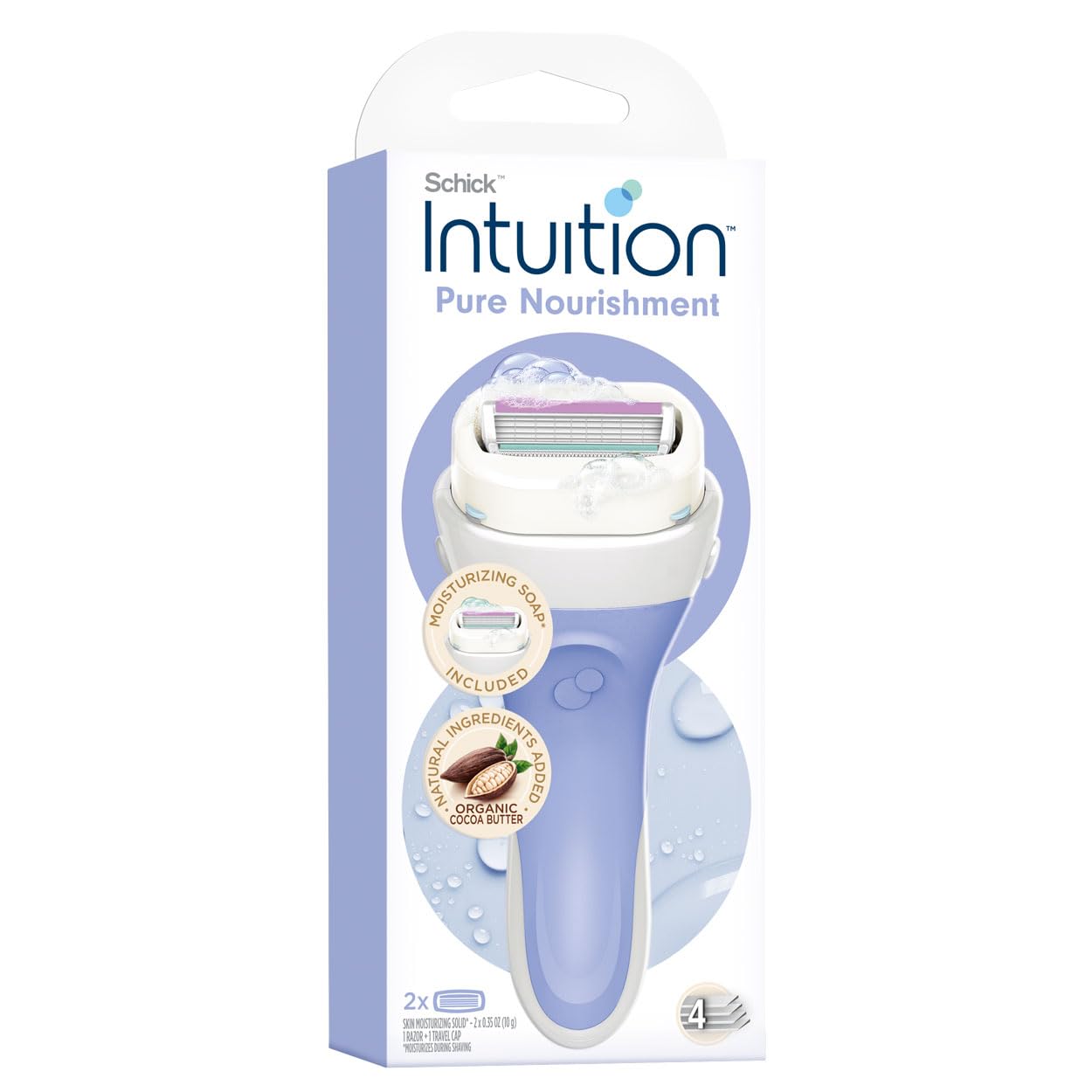 Intuition Kit 2 Pure Nourishment Razor for Women,2 in 1 Lathers & Shaves in one step, No need for Shave Gel, Moisturises Skin,Includes 1 handle & 2 refills,Organic Natural Cocoa Butter