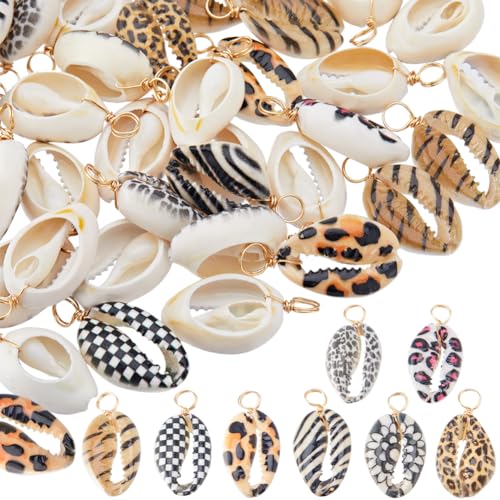 Beebeecraft 1 Box 50Pcs Natural Shell Charms 18K Gold Plated Cowrie Seashells Charms for Sea Jewellery Making DIY Crafts