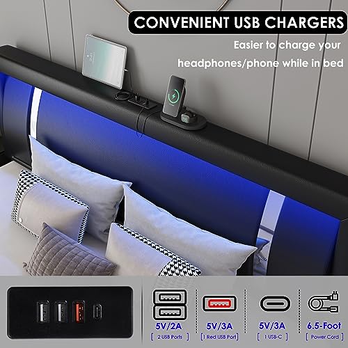 Keyluv Modern Black Queen Bed Frame with RGB LED Headboard, Storage Drawers, and USB Ports