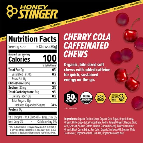 Image of Honey Stinger Cherry Cola Caffeinated Energy Chew, Gluten Free, with Caffeine, for Exercise, Running and Performance, Sports Nutrition for Home & Gym, Pre and Mid Workout, 21.6 Ounces (Pack of 12)