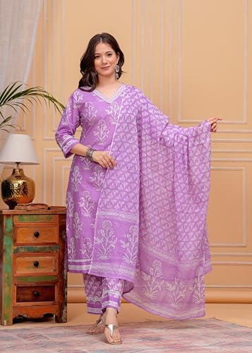 Image of MEERA FAB Women's Cotton Blend Straight Printed Kurta with Palazzo & Dupatta
