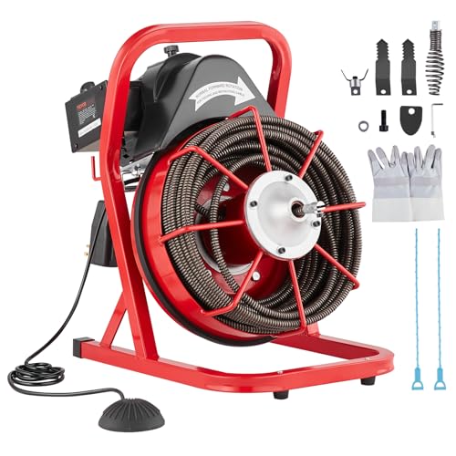 VEVOR Drain Cleaner Machine 75FT x 1/2 Inch, Sewer Snake Auger Manual Feed, 370W Electric Drain Cleaning Machine with 4 Cutters & Air-activated Foot Switch for 2