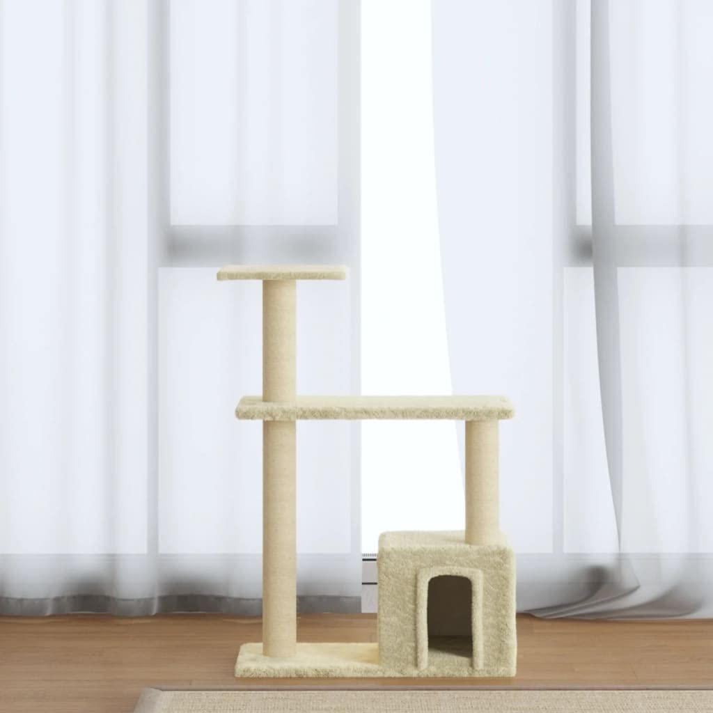 Rascador para gatos de madera con columnas rascadoras de sisal y felpa, 70 cm de alto, color crema, con casa, plataformas y superficies de descanso, estable y ahorra espacio para escalar