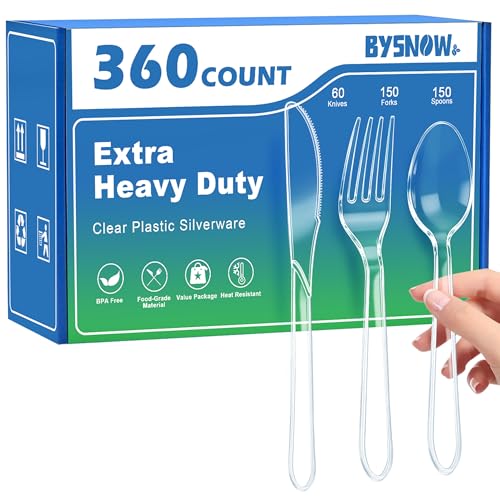BYSNOW 360 Count Extra Heavy Duty Plastic Silverware, BPA-Free, Heat Resistant, Disposable Clear Plastic Utensils Set, Plastic Cutlery Set, Plasticware Bulk for Parties, Events and Everyday Use