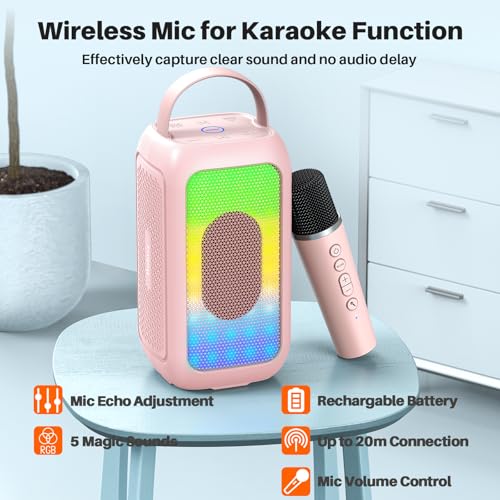 Bobtot Bluetooth Speaker Wireless, 16H Playtime 40W Peak Portable Singing Speakers, Magic Voice, Echo, EQ, Stereo Sound, Deep Bass, RGB, Supports AUX,USB, FM, Pink