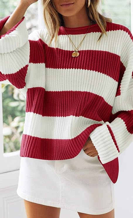 Image of Women's Striped Knitted Pullover Crew Neck Fall Winter Sweater Long Sleeve Color Block Jumper