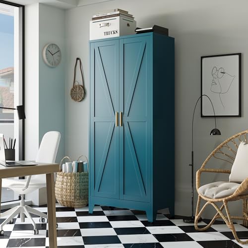 Image of Bevivog 71 inch Tall Storage Cabinets Farmhouse Freestanding Tall Bookshelf with 2 Doors and 4 Adjustable Shelves, Blue Metal Pantry Cabinet for Kitchen Living Room, Home Office, Laundry, Bathroom