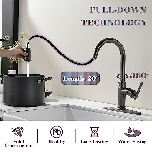 Black Stainless Kitchen Sink Faucet With Pull Down Sprayer, Dayone Single Handle 1 Hole High Arc Flow 360° Swivel Kitchen Faucets With Soap Dispenser, Aps136Bs #TOP1