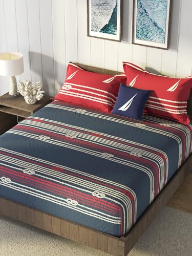 Image of NAUTICA Super Soft 100% Cotton King Bedsheet with 2 Pillow Covers -3pc Set (Bradford) | 160TC | Super Soft Touch Ornamental-red /Blue