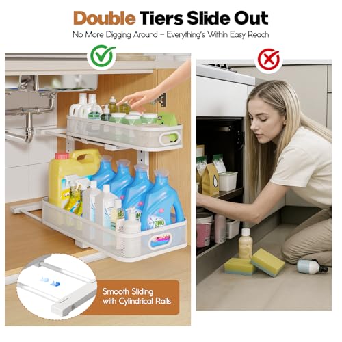Image of 2 Pack 19.3IN-Depth Under Sink Organizer with Smooth Cylindrical Rail,2-Tier Pull Out Multi-Purpose Cabinet Storage for Bathroom&Kitchen,Height Adjustable,Rust-Resistant Coating-White