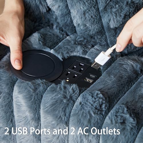 Image of 58'' Plush Faux Rabbit Fur Chaise Loveseat with Charging Station & Cup Holder and Pillows, Upholstered Corduroy Chaise Loveseat Sofa Recliner Longue Indoor Couch for Living Room, Bedroom, BLue Grey