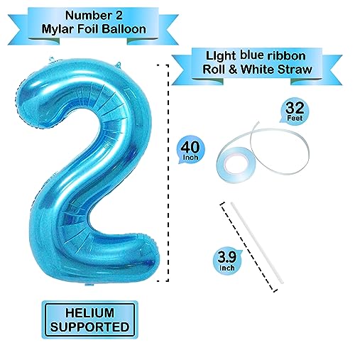 Image of Blue 2 Number Balloon, 40 Inch, Mylar Foil, for Birthday Party Decoration, Unisex, Includes Ribbon & Straw