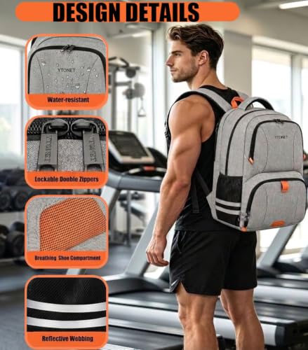 Image of Ytonet Gym Backpack for Men Women, Backpack for Men with Shoe Compartment | Water Resistant Workout Sports Bag Fits 15.6 Inch Laptop for Sports Camping Hiking Grey