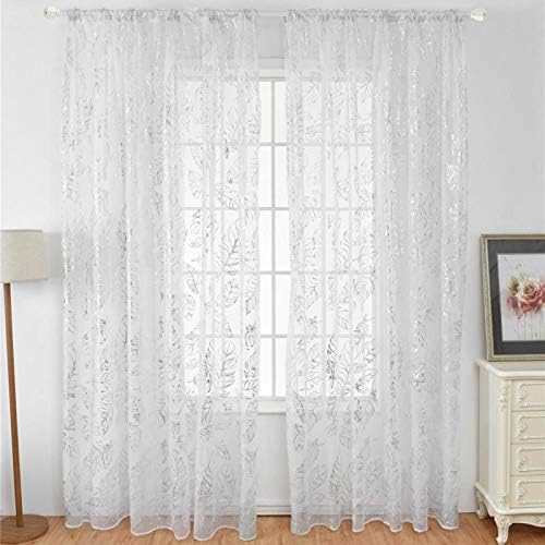 HERCHR White Sheer Curtains, Floral Embroidered Sheer Window Curtains Rod Pocket Window Voile Drapes for Living Room Bedroom Wedding Stage Decor, 40x80inch