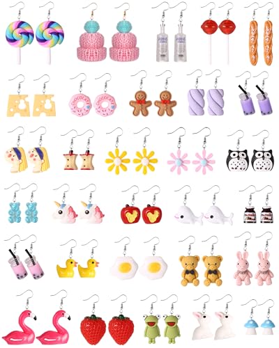 30 Pairs Weird Funny Earrings Set for Teens Girls Cute Fun Dangle Earrings for Women Mushroom Strawberry Daisy Donut Boba Food Animal Earrings Funky Aesthetic Earrings Kidcore Accessories
