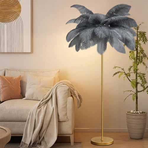 Lámpara de pie decorativa de plumas grises para eliminar la luz fría en el salón