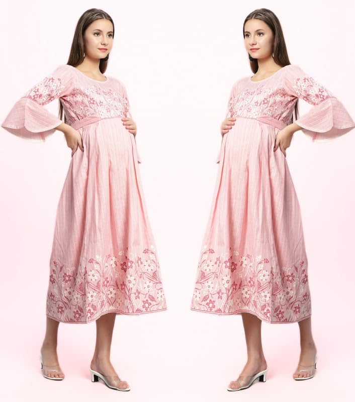 Image of DUMMY SHAPE Feeding Nighty | Maternity Dresses for Women Cotton Blend | Floral Pink Anarkali Kurta with Dual Nursing Zippers for Pregnancy & Breastfeeding | Gifts for Pregnant Women (