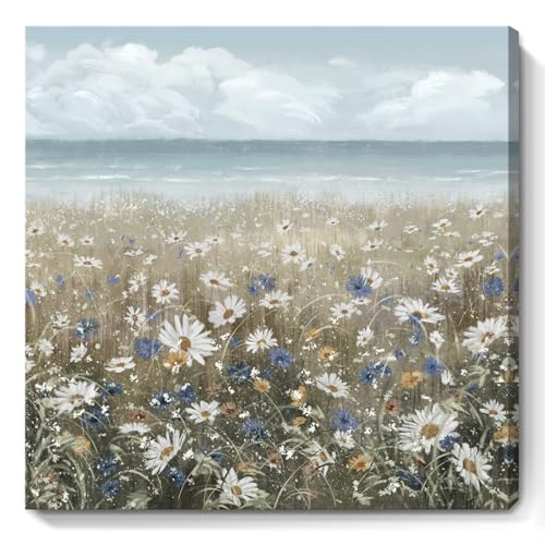 Canvas Wall Art Beach Floral Wall Picture Coastal Boho Farmhouse Daisy Flowers Nautical Sea Ocean Wildflowers Canvas Print Vintage Artwork for Small Rustic Bathroom Bedroom Living Room Offic