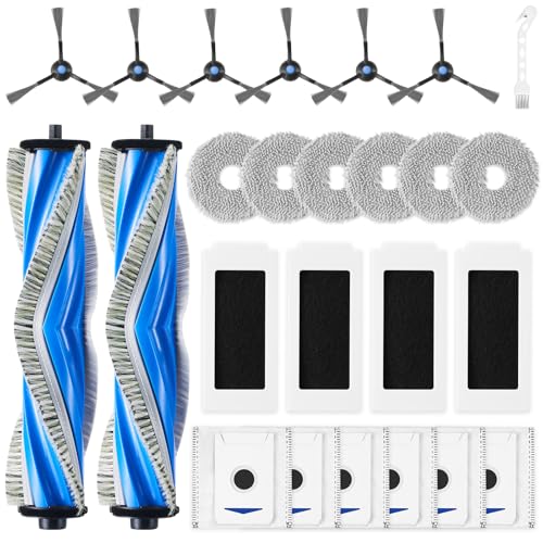 EOVWAEO 25 Stück Zubehörset für Ecovacs Deebot T30 Omni / T30 Pro Omni / T30 Saugroboter Ersatzubehör 2 Anti Tangle Hauptbürste 6 Wischpads 6 Staubbeutel 6 Seitenbürste 4 Filter 1 Reinigungsbürste