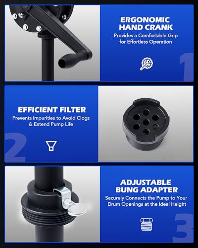 Image of OMT 55 Gallon Drum Pump, Hand Water Pump Fits 5 to 55 Gallon Drums | Rotary Barrel Pump for Transfer of Chemicals, Acidic Solutions, Fuel, Water Based Fluids