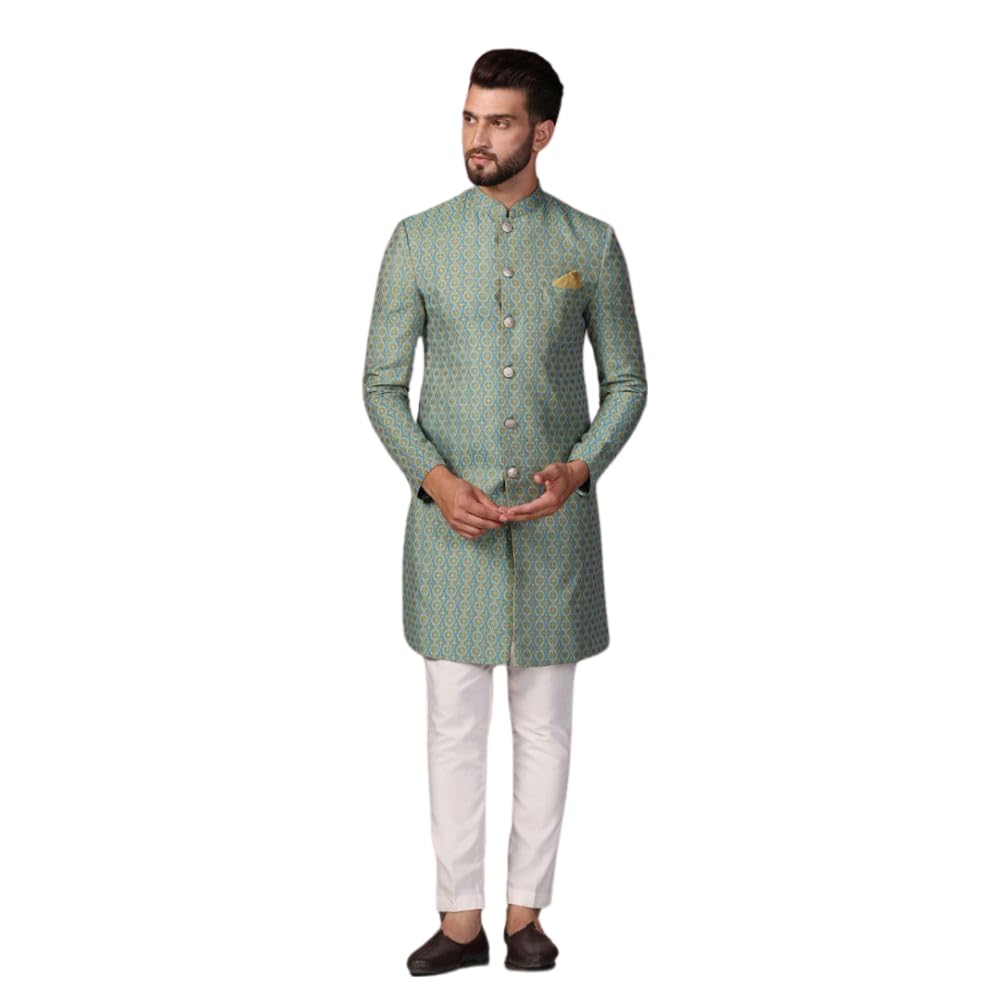 Kisah Men's Indo-Western Sherwani Trouser Set, Blue Cotton, Jacquard Regular Fit Mandarin Collar Long Sleeves (M)