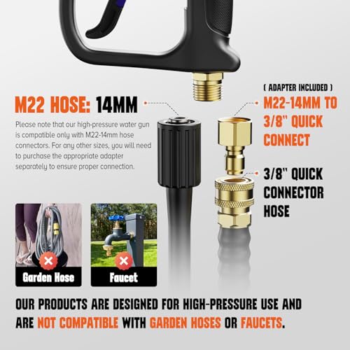 Image of Short Pressure Washer Gun, 4000 PIS Power Washer Gun Car Washing | Stubby High Pressure Washer Gun, M22-14mm, 3 /8 inch Male Plug, 1 /4 inch Quick Connect, 5 Spray Nozzle, Car Wash Gun for Foam Cannon