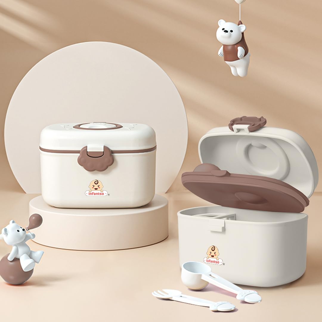 Infantso FEED EASE (2-in-1) Baby Milk Powder & Food Container | BPA-Free, Leak-Proof Bear Box, Travel-Friendly with Spoon & Fork, Baby Essential Food Storage Box, Snack Box, Baby Milk Powder Box-240gm