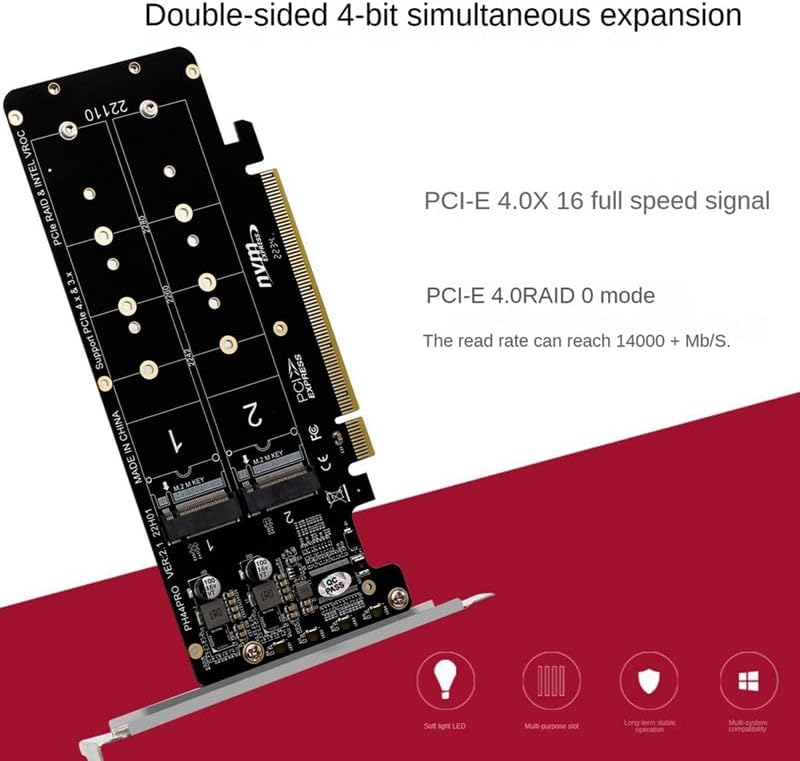 4.0 X16 to Port NVME Card Adapter M Key PCI-E Split 32Gbps Support 2230 2242 2260 2280 .2 SSD