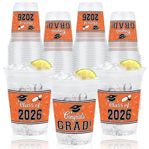 Herytem 50 Pcs 16 oz Graduation Plastic Cups Double-Sided Printed Disposable Cups with Congrats Grad and Class of 2026 Designs for Graduation Party School and Home Celebrations (Orange)