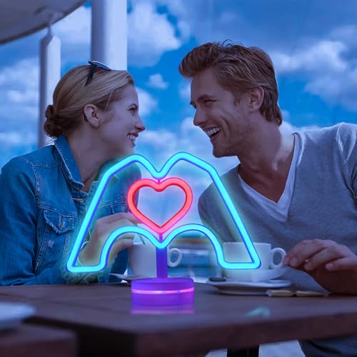 Image of ENUOLI Heart Hands Neon Sign Pink Heart & Blue Hand Neon Light Room Decor | LED Home Art Decor for Lover Valentine's Gift Girls Room Bedroom Wedding Room Bar Party Birthday Christmas Best Gift