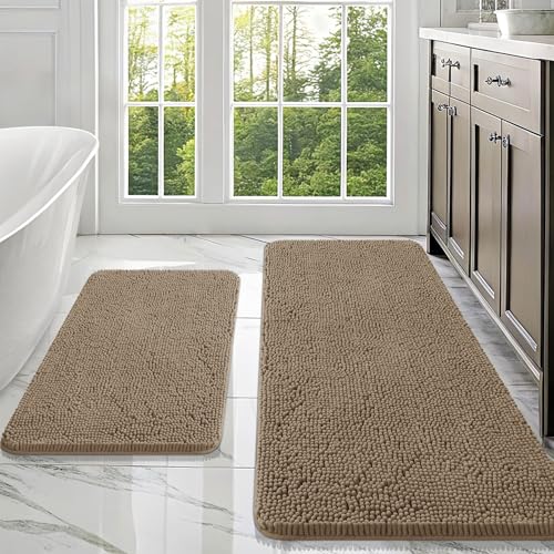 Image of OLANLY Bathroom Rugs Sets 2 Piece, Soft Absorbent Chenille Bath Mats Area Rug Set, Non-Slip, Quick Dry, Machine Washable Bath Mats for Bathroom, Home Decor Accessories (47 inchx20 inch+30 inchx20 inch, Tan)