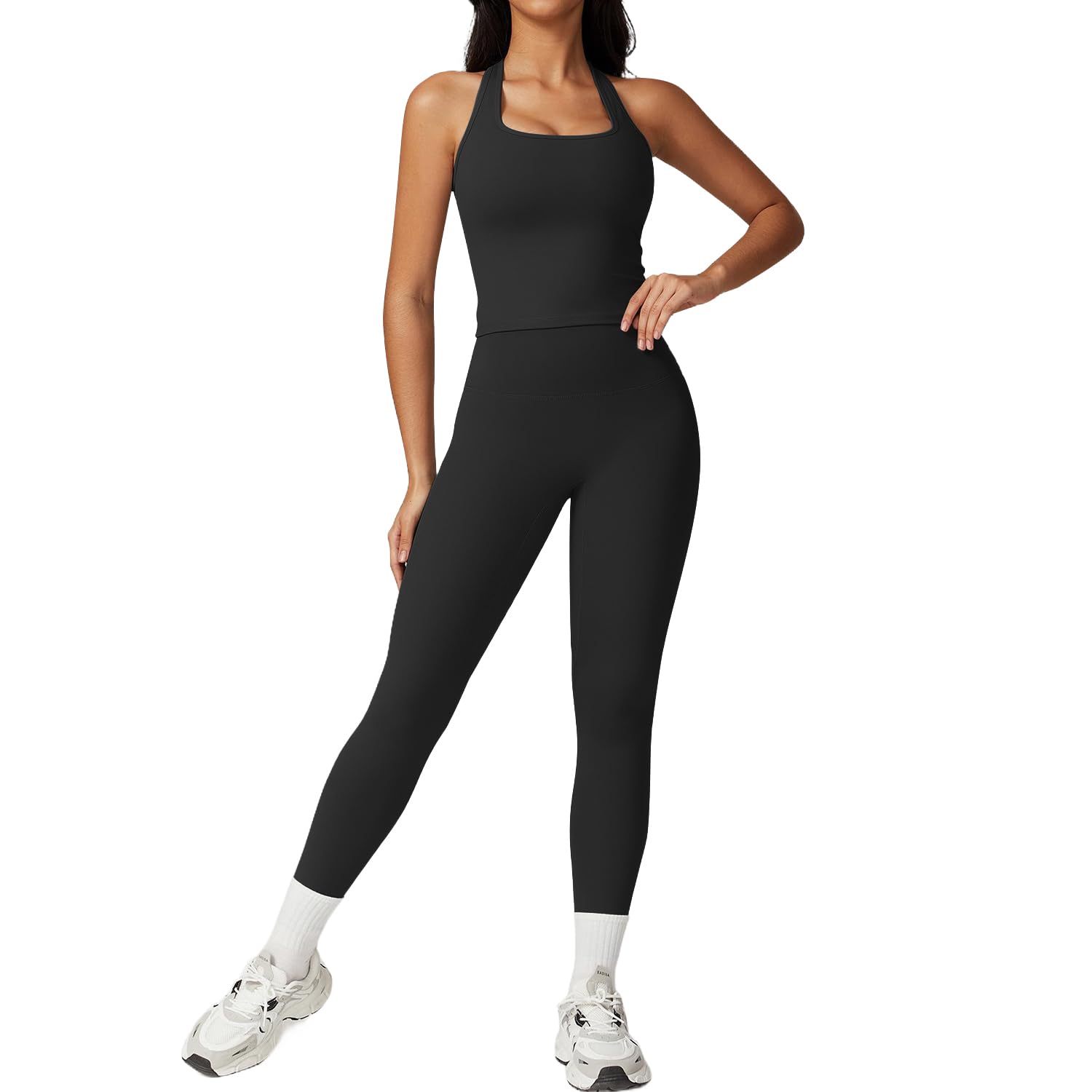JN JANPRINT Set da palestra da donna, 2 pezzi, reggiseni sportivi con schiena scoperta, allacciatura al collo, leggings nascosti, per yoga, allenamento, tute