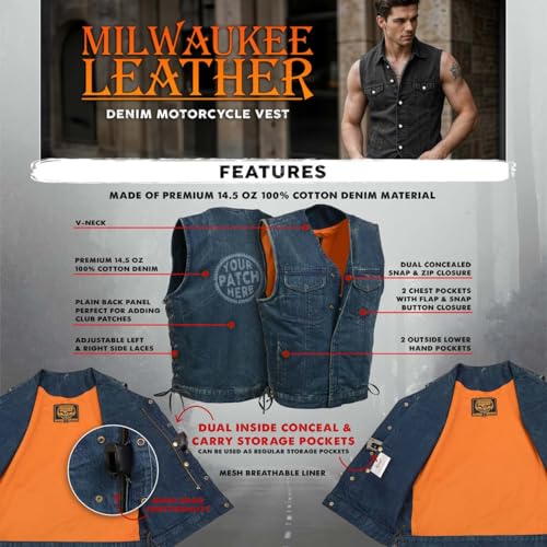 Milwaukee Leather MDM3013 Men's 'Brute' Concealed Snap Blue Denim V-Neck Side Lace Club Style Vest w/Hidden Zipper2