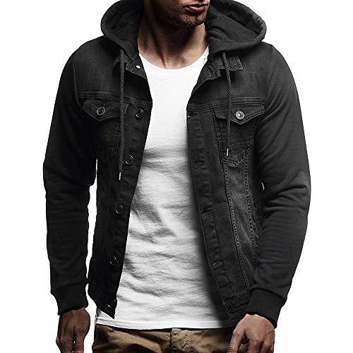 Fanteecy Men's Winter Denim Hooded Trucker Jacket Slim Fit Casual Jacket Button Down Distressed Jeans Coats Outwear