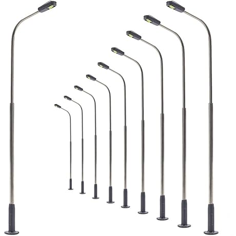 HO Scale Model Train Accessories: LQS07WM 10-Piece Warm White Street Lamp Posts
