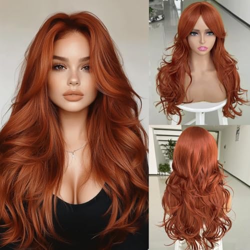 Auburn Wig with Bangs for Women Copper Red Wavy Layered