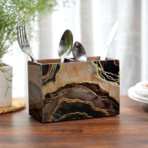 Image of DULI Multipurpose Stand, Cutlery Holder, Spoon Stand, Table Organizer with 2 Sections, Chammach Stand (10cm x 15cm) (MCDPSDbl- Marble)