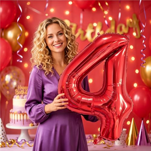 Image of Number Balloons Red Party Balloon - 40 Inch Large Number 4 Balloon, Numbers Balloon Birthday Decorations, Red Party Supplies for Anniversary