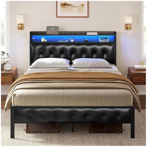 Lista de Base para Colchon King Size Top 5. 48 FABATO Base Cama King Size - Cabecera King Size Tapizada con Luces Led 2 Salidas de CA y 2 USB - Plataforma de Metal - Antideslizante sin Ruido (Negro)