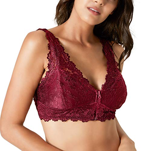Rolewpy Floral Lace Bralette for Women, Zipper Wireless Bra Lingerie with Removable Padded Halter Crop Top (Burgandy, XL (40B 40C 40D))