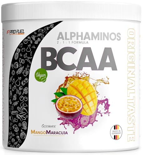 BCAA Pulver 300g MANGO-MARCUJA - Alphaminos BCAA 2:1:1 Drink mit 8000 mg B.C.A.A. - unfassbar leckerer Geschmack, Essentielle Aminosäuren Leucin, Isoleucin & Valin - 100% vegan und laborgeprüft