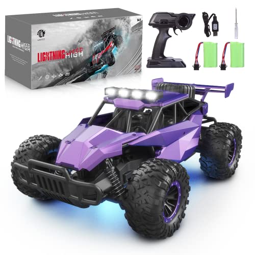 LARVEY 2WD 1:16 Scale Purple Remote Control Car, 20 Km/h High Speed Girls Remote Control Car Monster Vehicle with LED Headlights and Chassis Lights, RC Cars for Girls Boys and Adults
