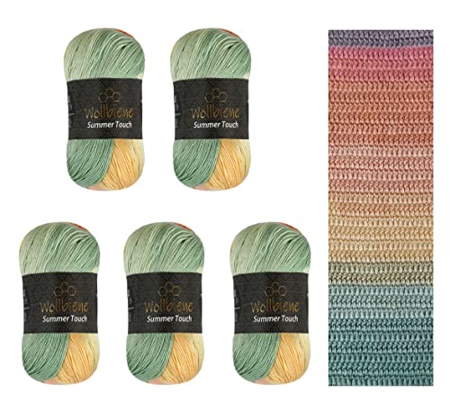 Wollbiene Summer Touch Batik 5 ovillos de 100 gramos de lana multicolor degradado, 500 g, lana mercerizada, microfibra acrílica (501 amarillo-naranja-menta)