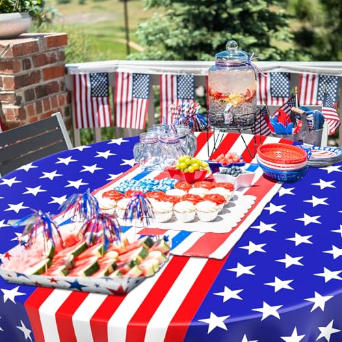 Image of Oudain 4th of July Decoration Tablecloths 84 Inch Plastic 250th Anniversary Patriotic Tablecloth American Flag Red White Blue Disposable Tablecover for Memorial Day Party Supplies(6 Pcs,Star Stripe)